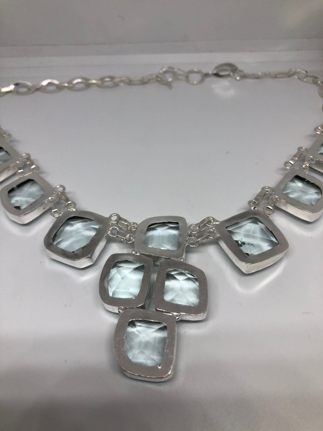 Aqua Blue Handmade Gothic Styled Silver Finished Genuine Facetted Antique Glass Turquoise Choker Necklace