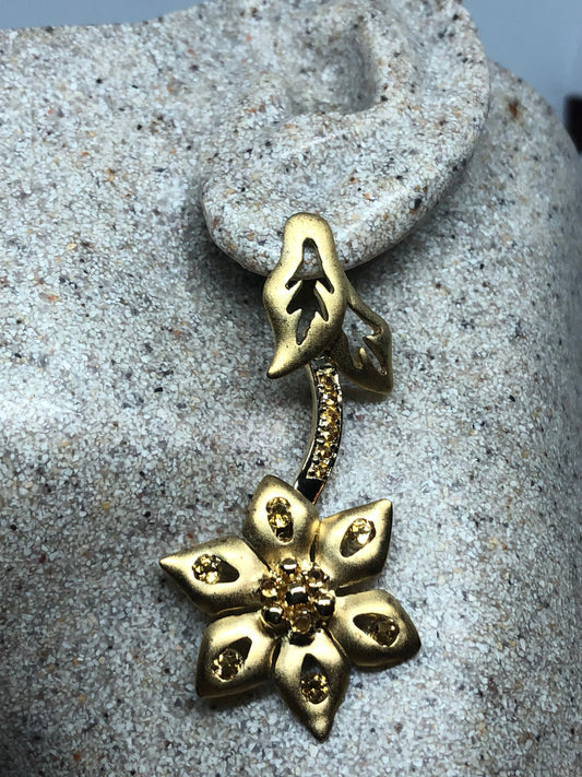 Vintage Genuine Citrine Gemstone Golden 925 Sterling Silver Flower Dangle Earrings
