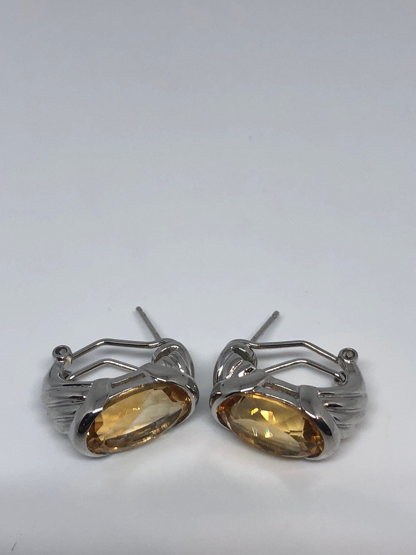 Vintage Citrine Earrings 925 Sterling Silver Deco Button Studs