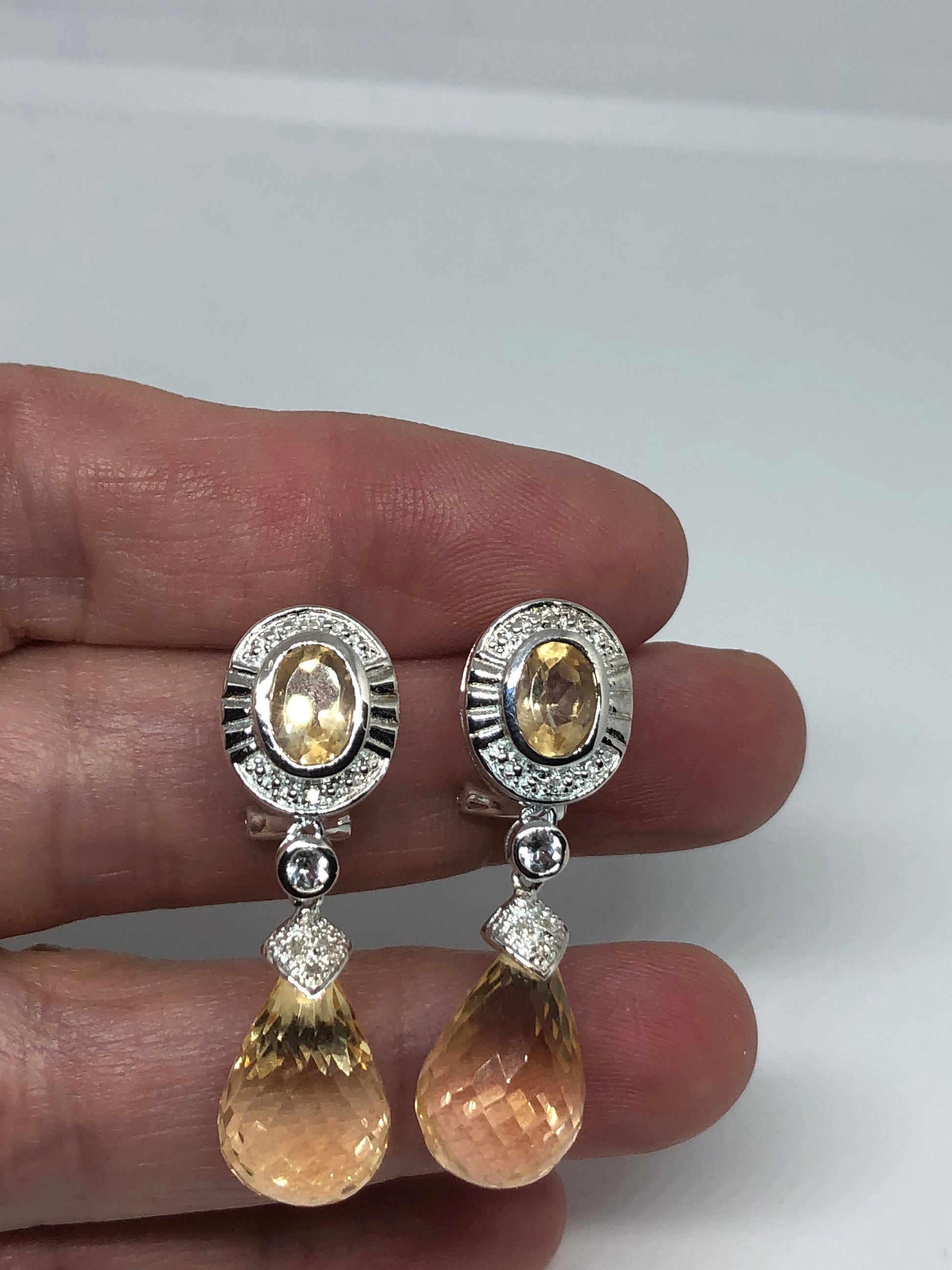 Vintage Citrine Earrings 925 Sterling Silver Deco Button Drop