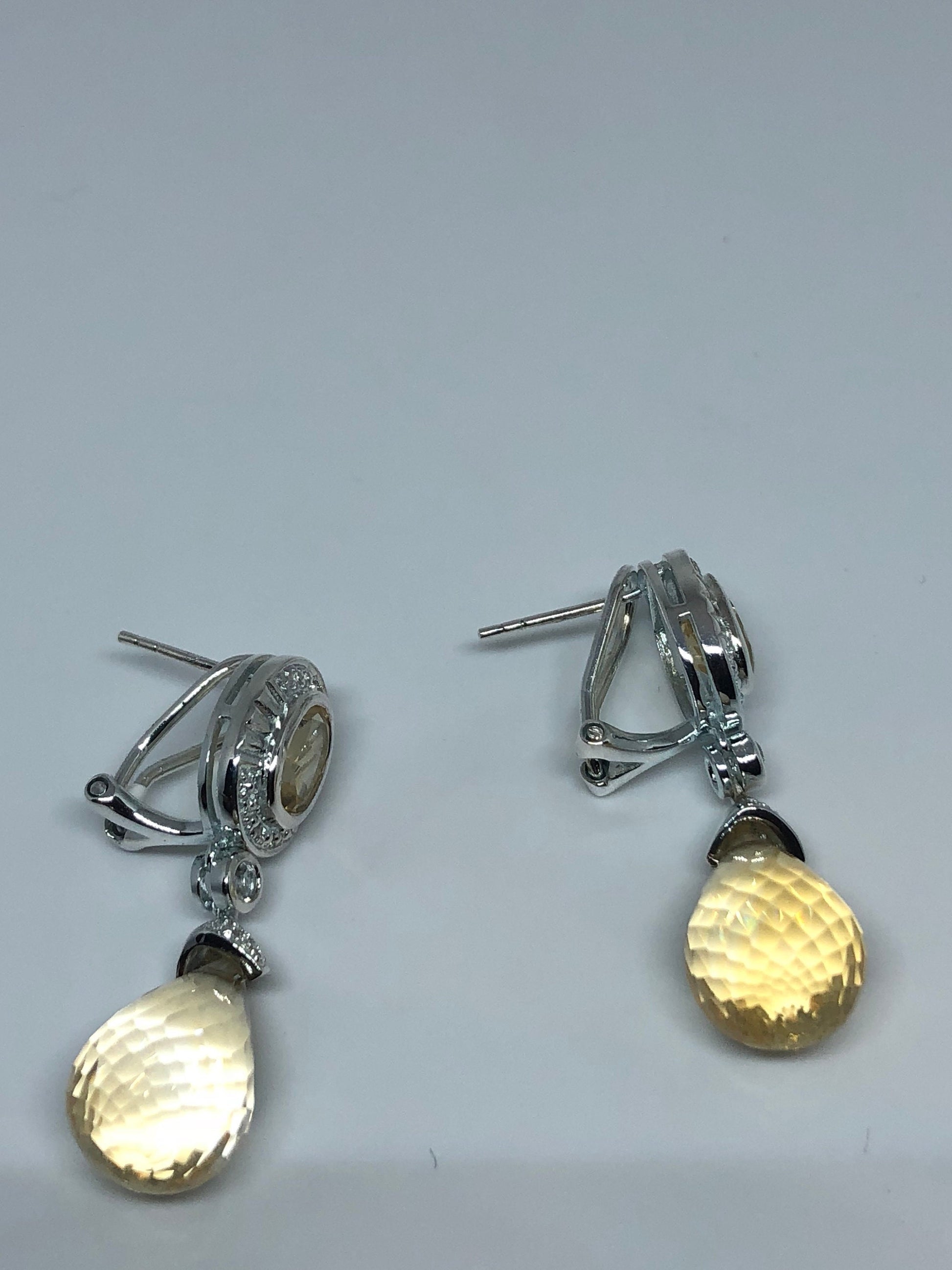 Vintage Citrine Earrings 925 Sterling Silver Deco Button Drop