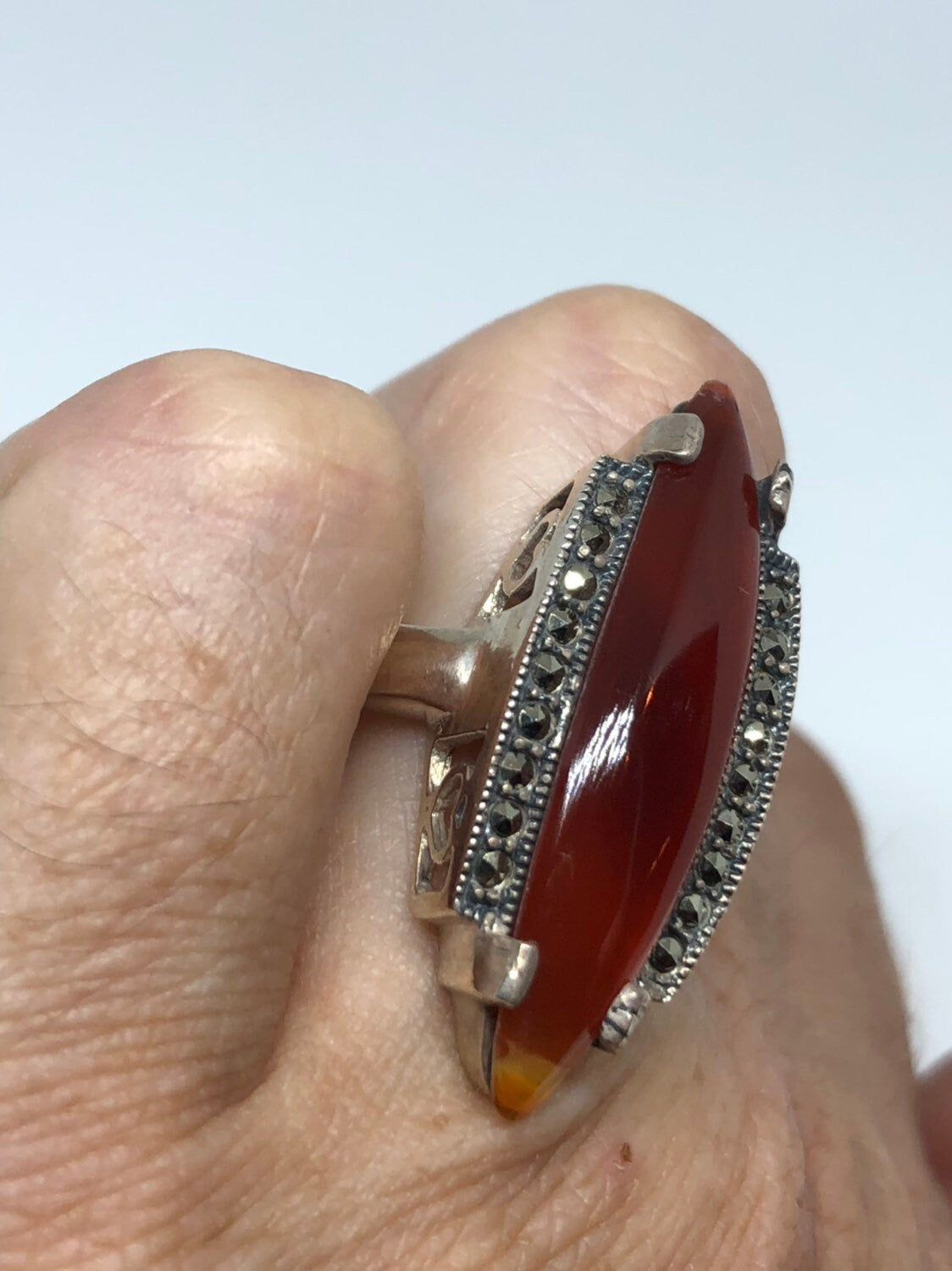 Vintage Genuine Red Carnelian 925 Sterling Silver Marcasite Ring