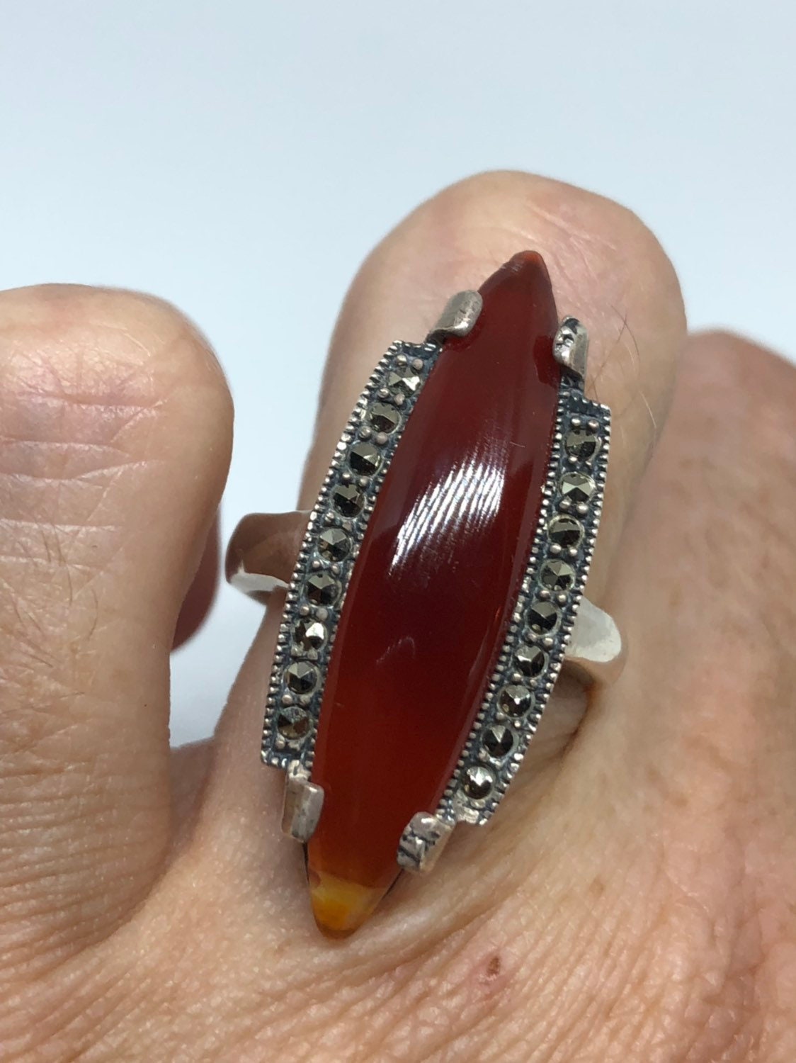 Vintage Genuine Red Carnelian 925 Sterling Silver Marcasite Ring