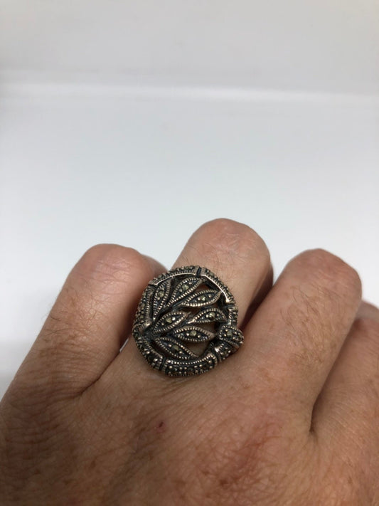 Vintage Swiss Marcasite 925 Sterling Silver Gothic Flower Ring