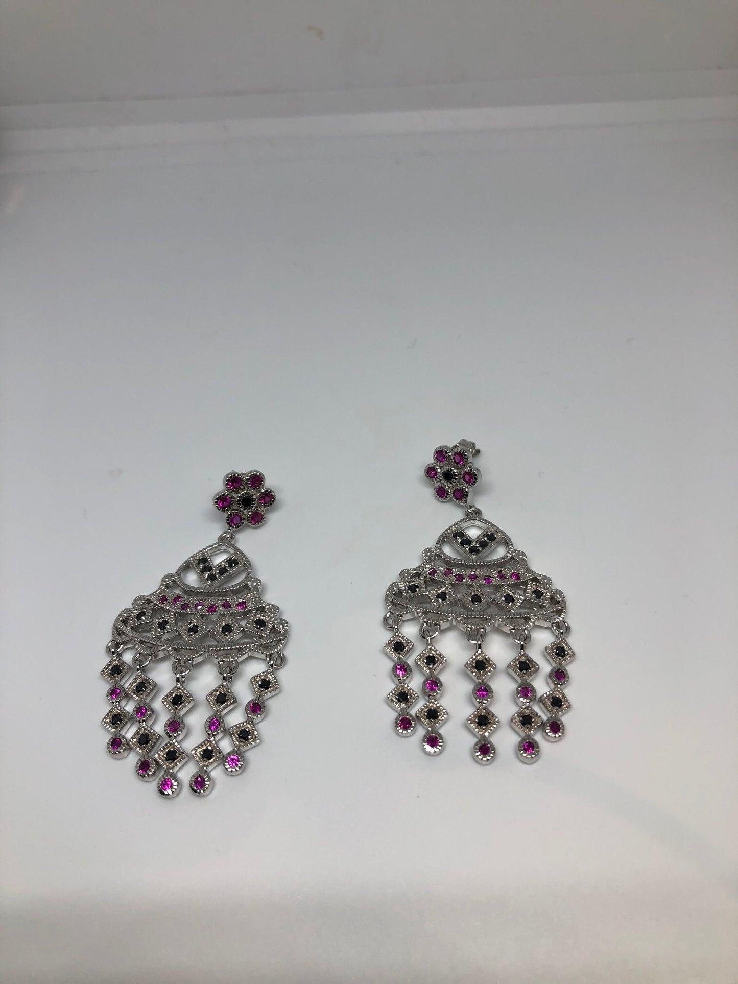 Vintage Mixed Genuine Ruby and Sapphire Filigree 925 Sterling Silver Dangle Chandelier Earrings