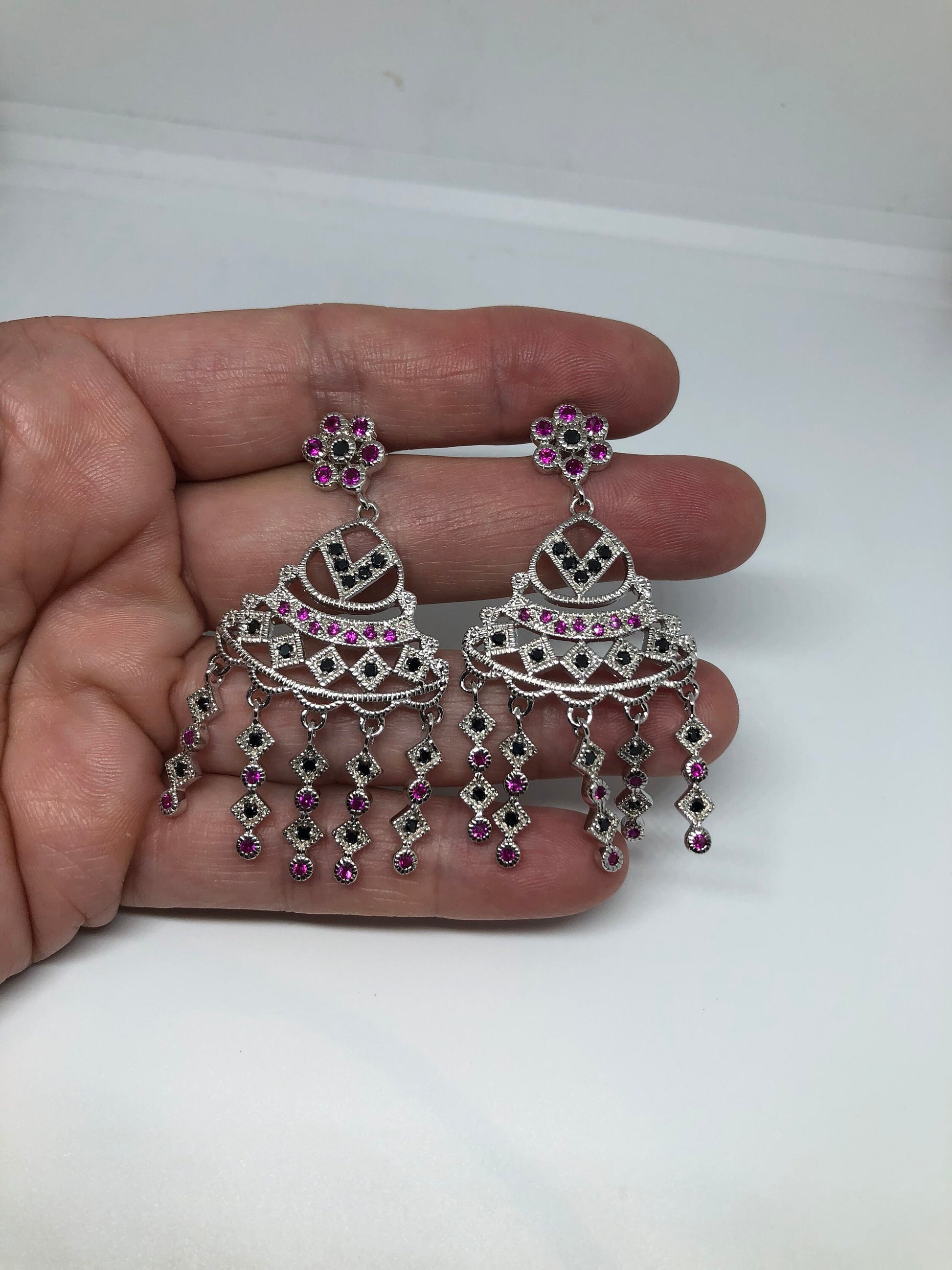 Vintage Mixed Genuine Ruby and Sapphire Filigree 925 Sterling Silver Dangle Chandelier Earrings