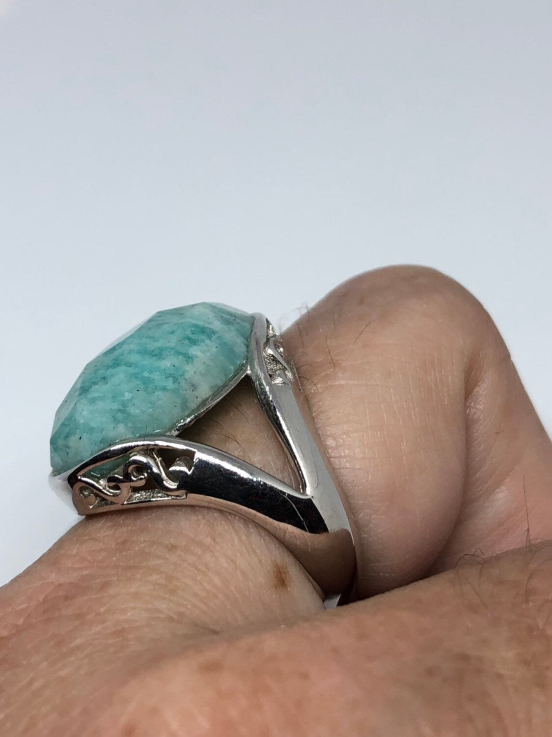 Vintage Genuine Blue Amazonite 925 Sterling Silver Ring