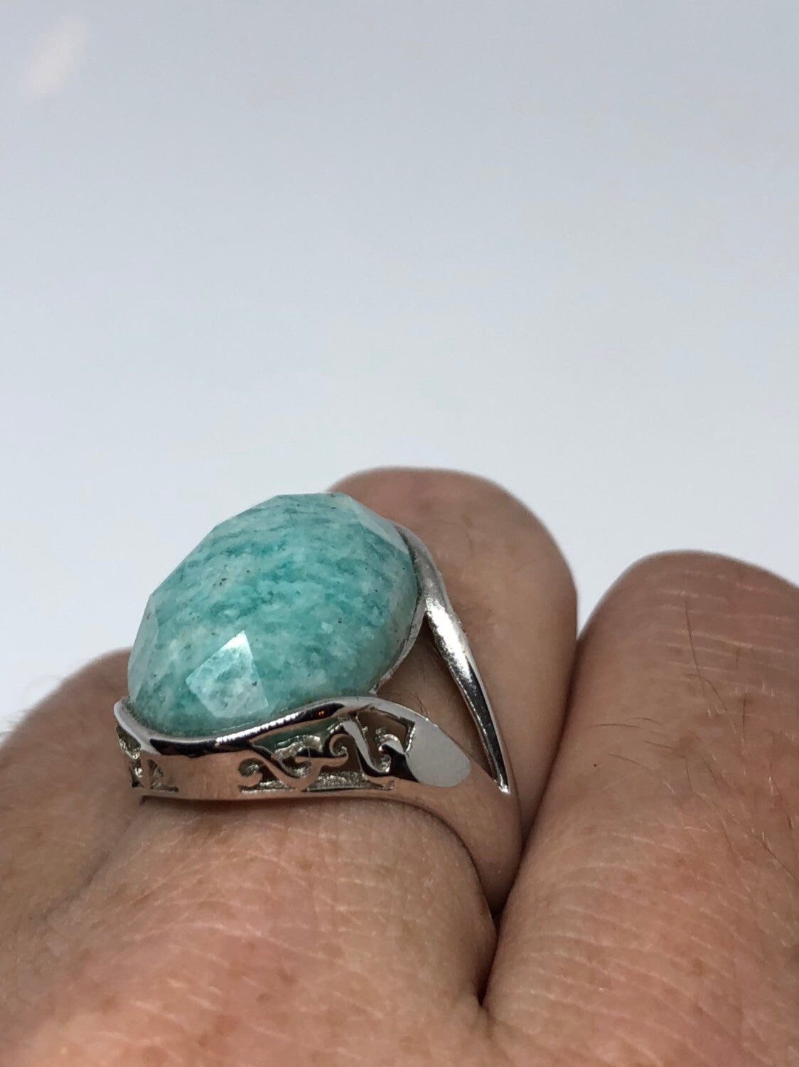 Vintage Genuine Blue Amazonite 925 Sterling Silver Ring