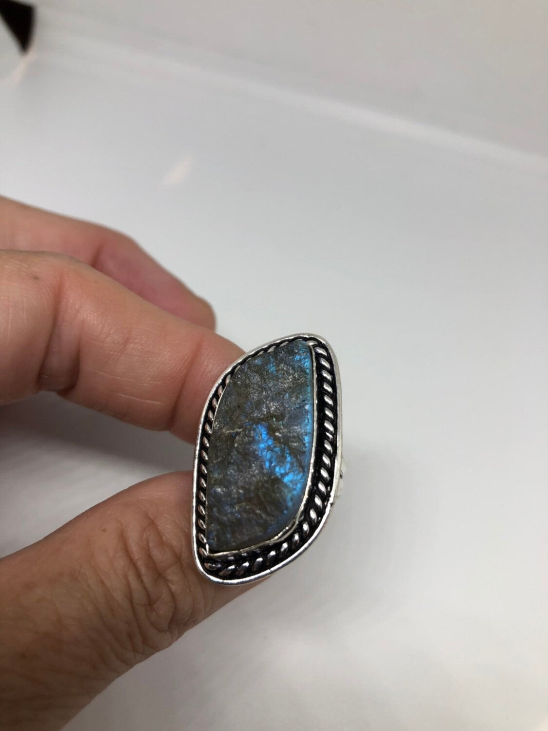 Vintage Large Labradorite Rainbow Moonstone Stone Silver Ring