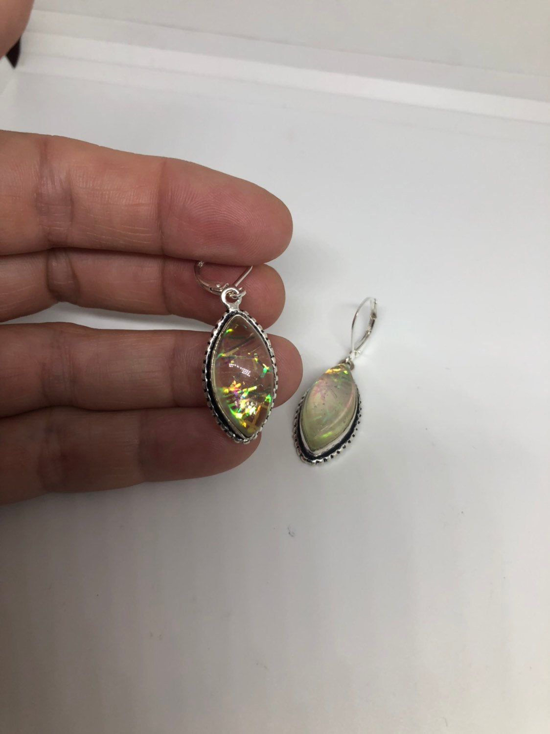 Antique Vintage Blue White Opal Glass Silver Dangle Earrings