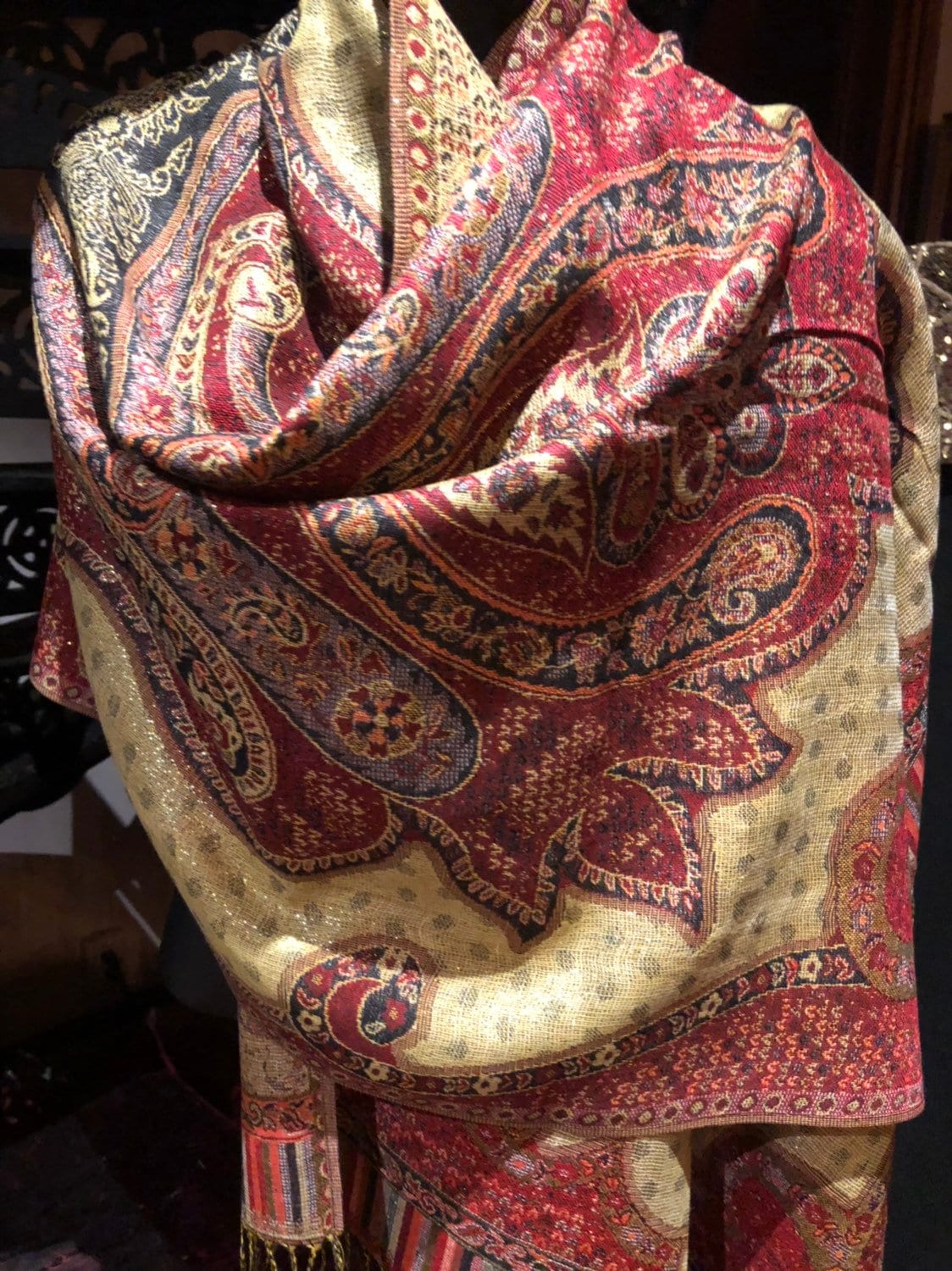 Vintage Red Metallic Gold Paisley Brocade Pashmina Scarf Wrap Shawl