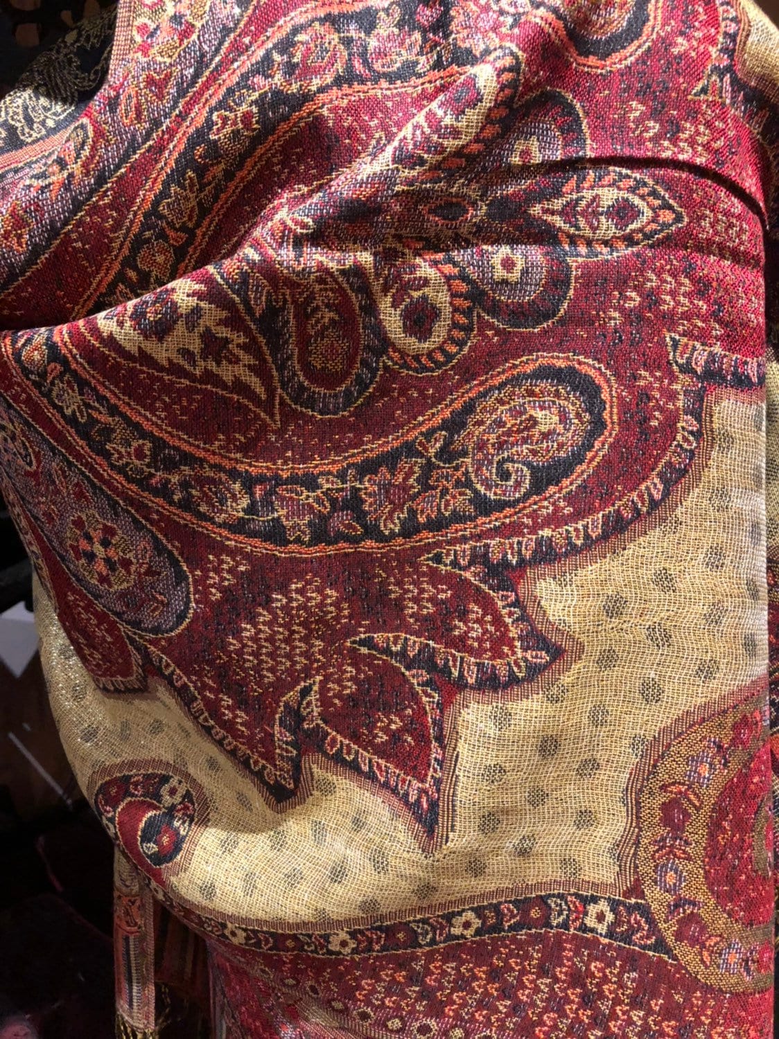 Vintage Red Metallic Gold Paisley Brocade Pashmina Scarf Wrap Shawl