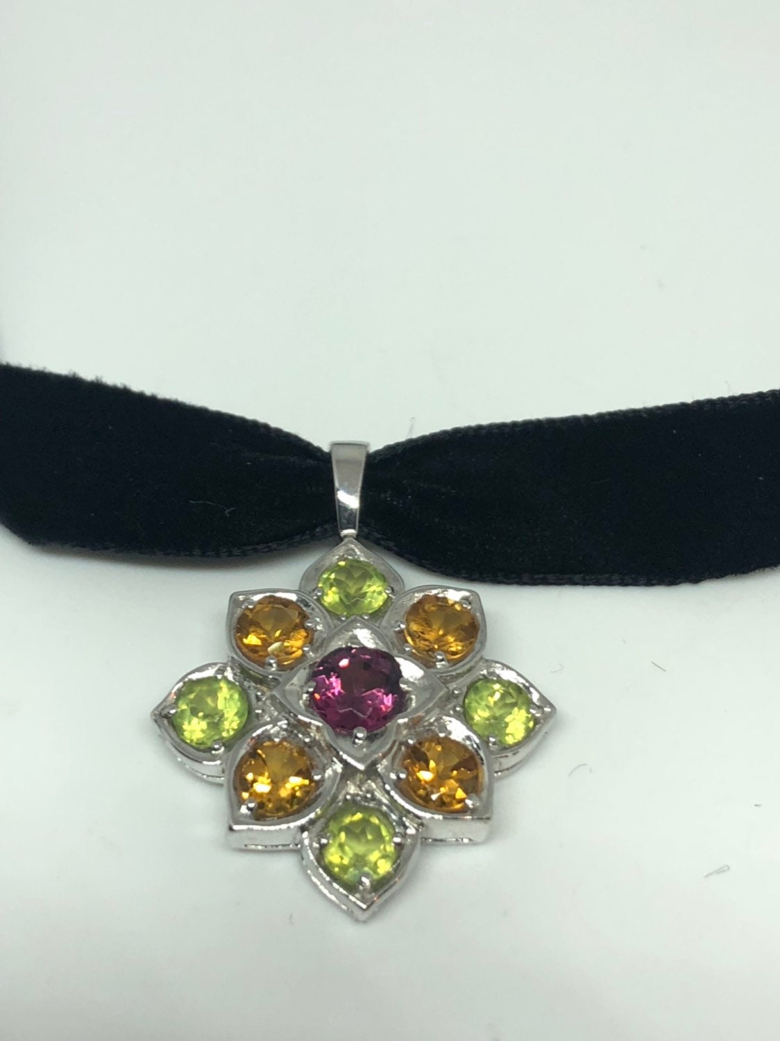 Vintage Handmade 925 Sterling Silver Genuine Citrine Peridot and tourmaline Antique Pendant Necklace