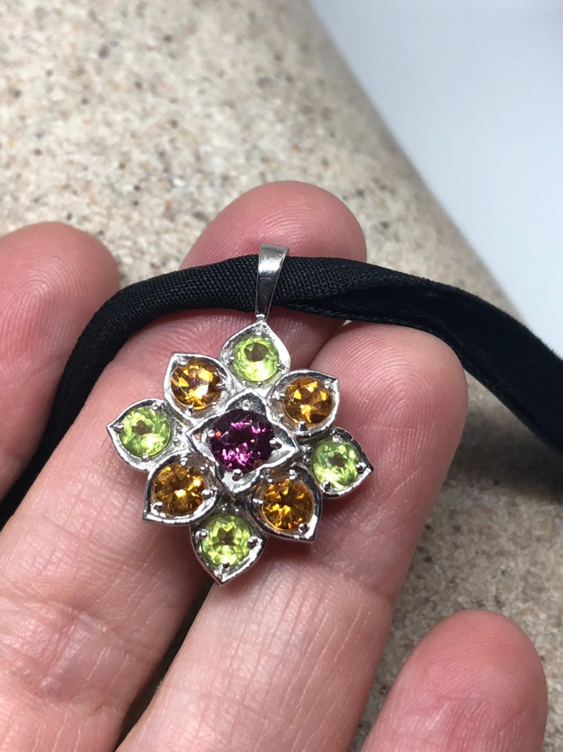 Vintage Handmade 925 Sterling Silver Genuine Citrine Peridot and tourmaline Antique Pendant Necklace