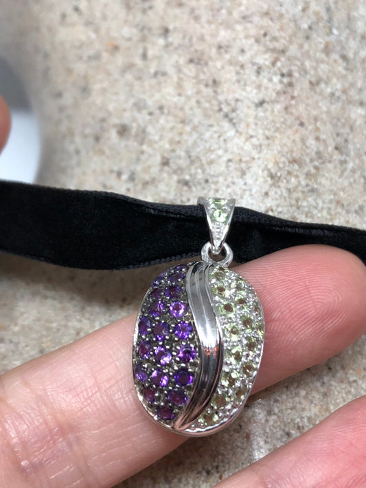 Vintage Handmade 925 Sterling Silver Genuine Peridot and Amethyst Antique Pendant Necklace