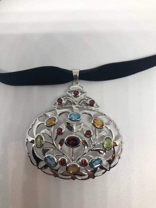 Vintage Handmade 925 Sterling Silver Genuine Garnet, Mixed Gemstone and Citrine Antique Pendant Necklace