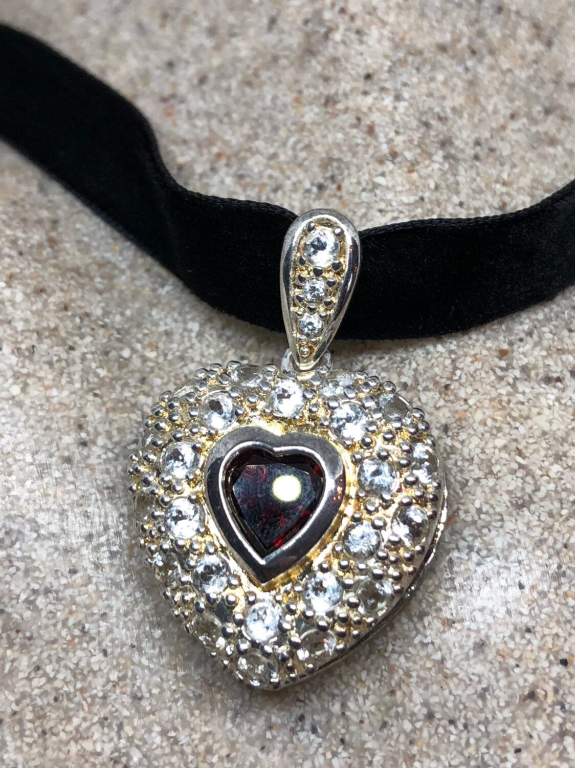 Vintage Garnet Heart Choker 925 Sterling Silver Antique Pendant Necklace
