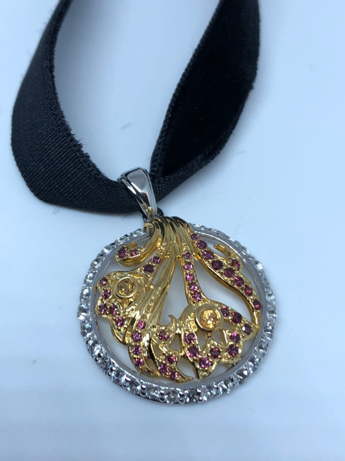 Vintage Handmade Gold 925 Sterling Silver Genuine Bohemian Garnet Antique Pendant Necklace
