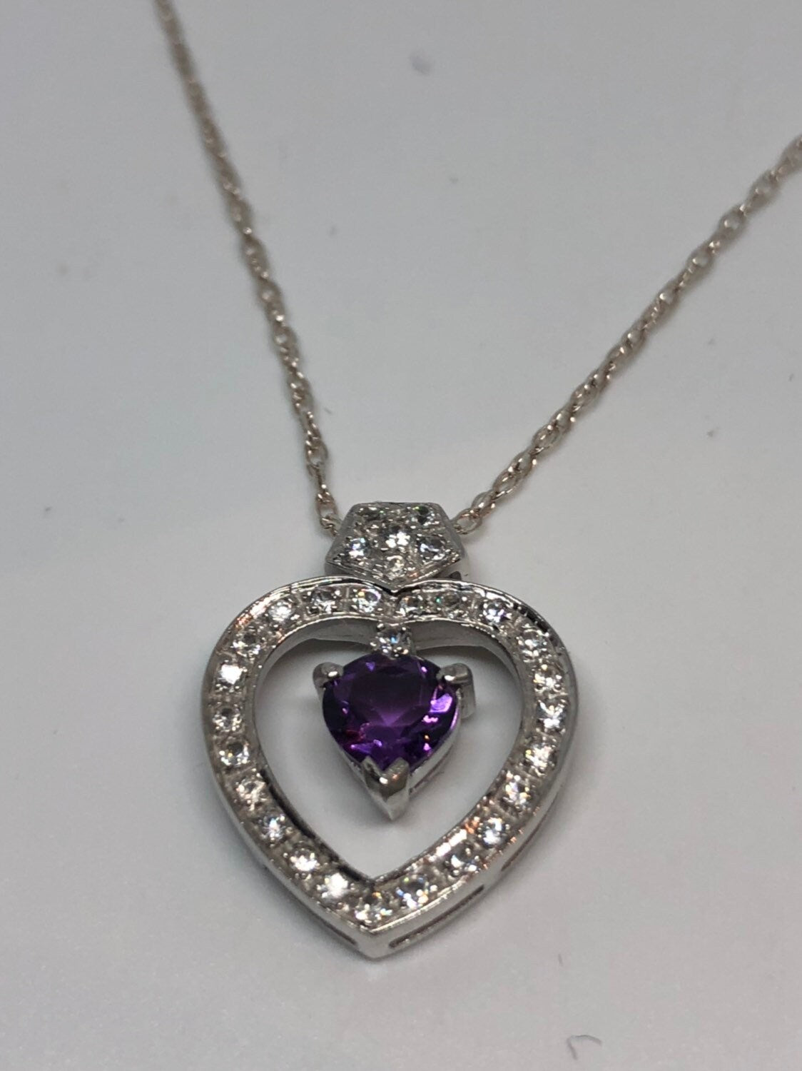 Vintage Handmade 925 Sterling Silver Purple Amethyst Heart Pendant Necklace
