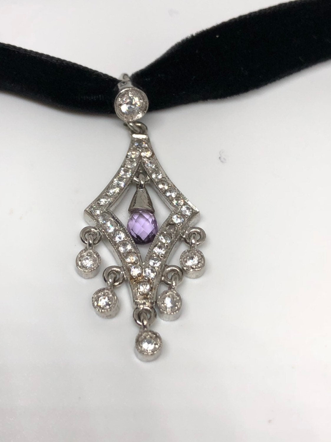 Vintage chandelier Choker 925 Sterling Silver Purple Amethyst Pendant