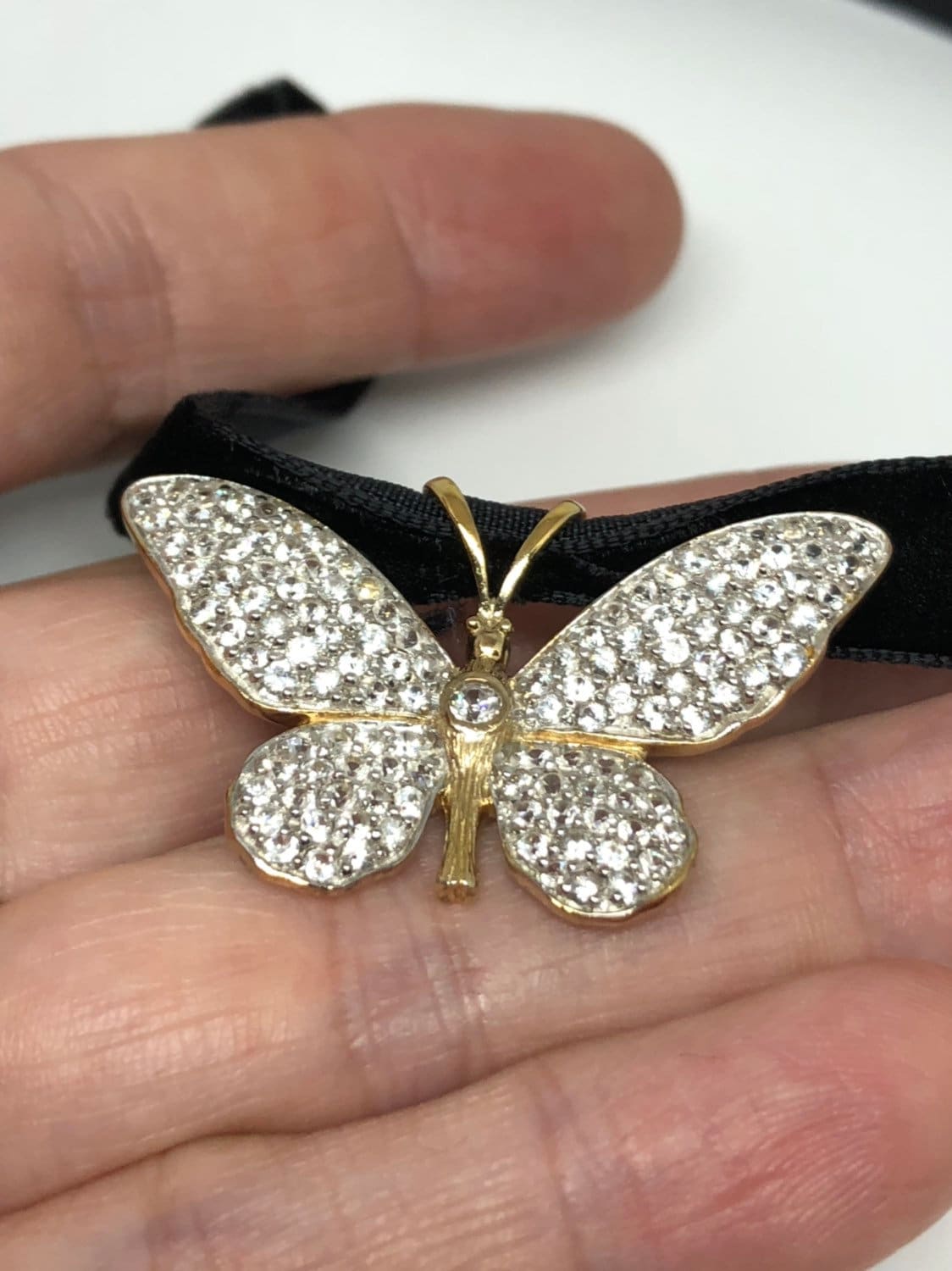 Vintage Handmade 925 Sterling Silver Gold Rhodium White Sapphire Butterfly Pendant Choker