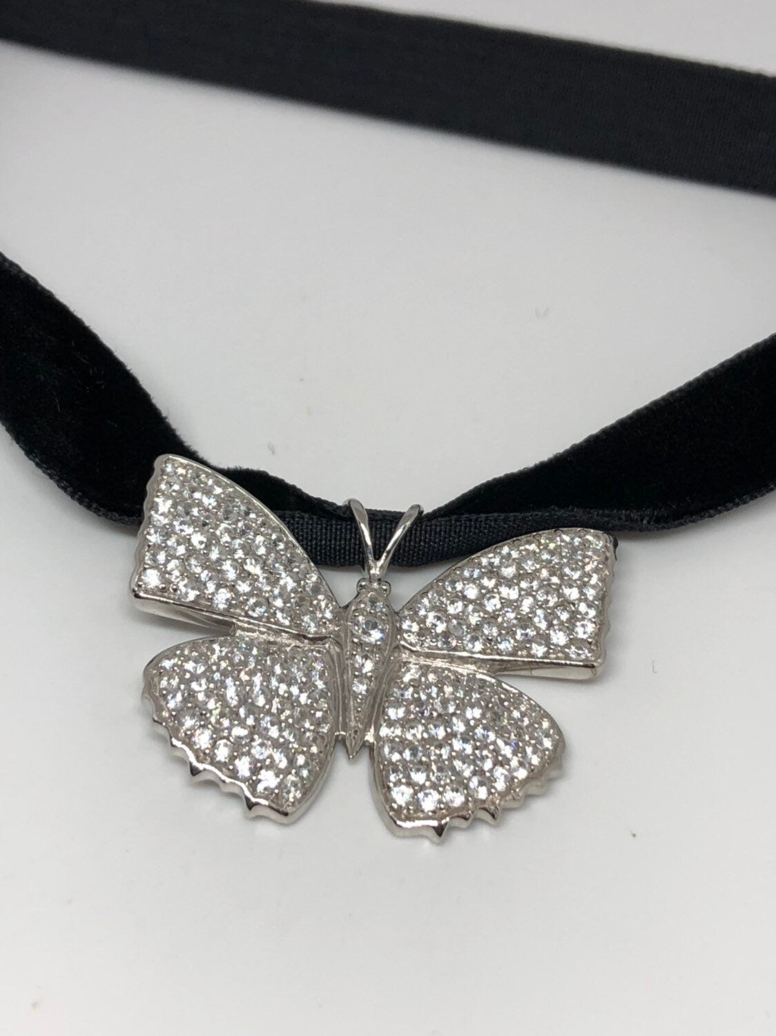 Vintage Handmade 925 Sterling Silver Gold Rhodium White Sapphire Butterfly Pendant Choker