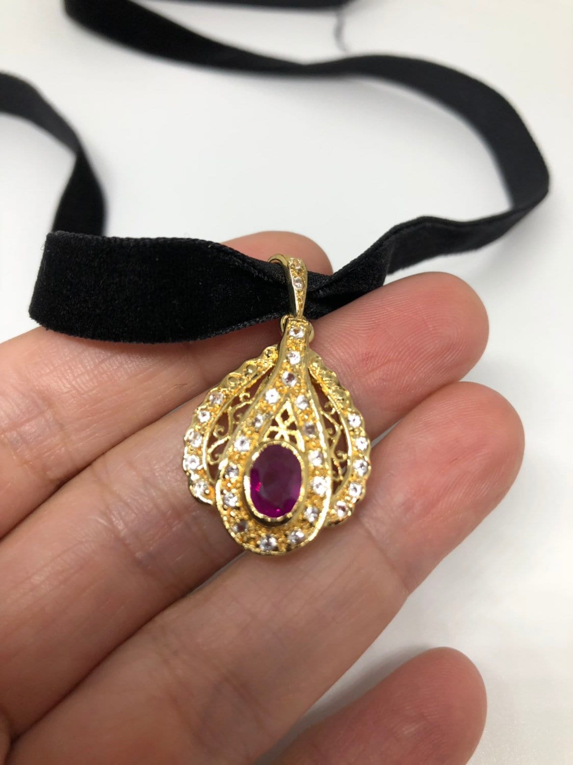 Vintage Ruby Choker 925 Sterling Silver Gold Rhodium Pendant Necklace