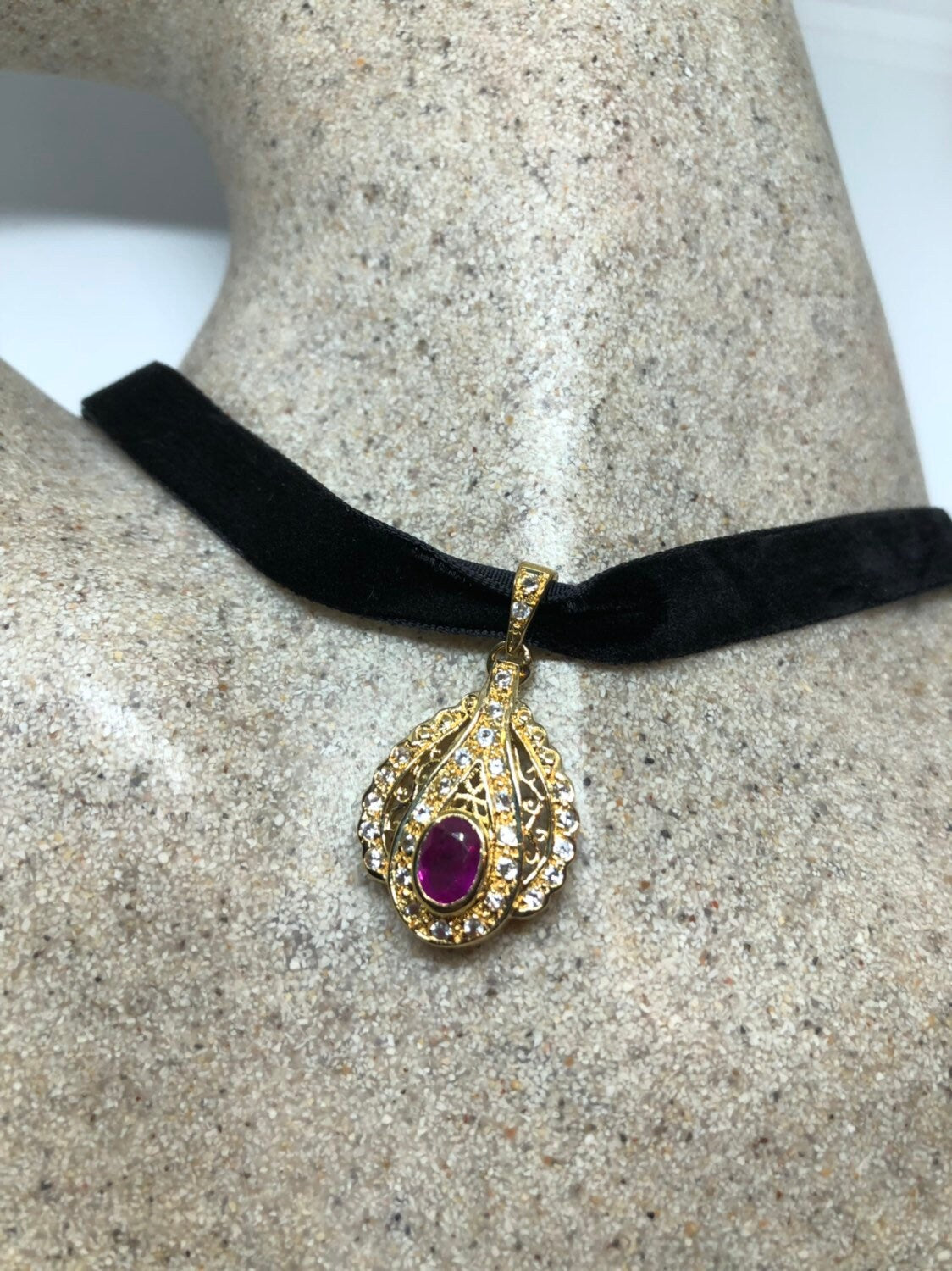 Vintage Ruby Choker 925 Sterling Silver Gold Rhodium Pendant Necklace
