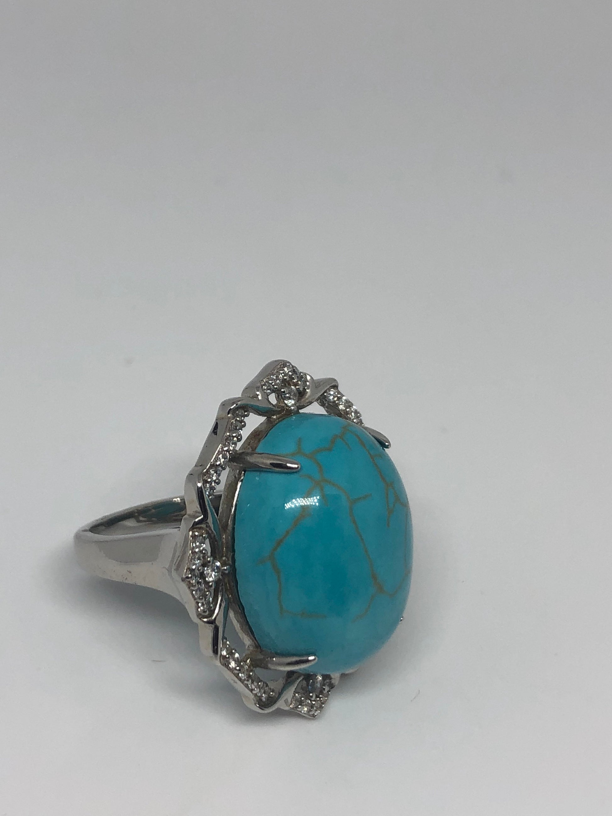 Vintage Persian Turquoise and White Sapphire Gemstone 925 Sterling Silver Ring