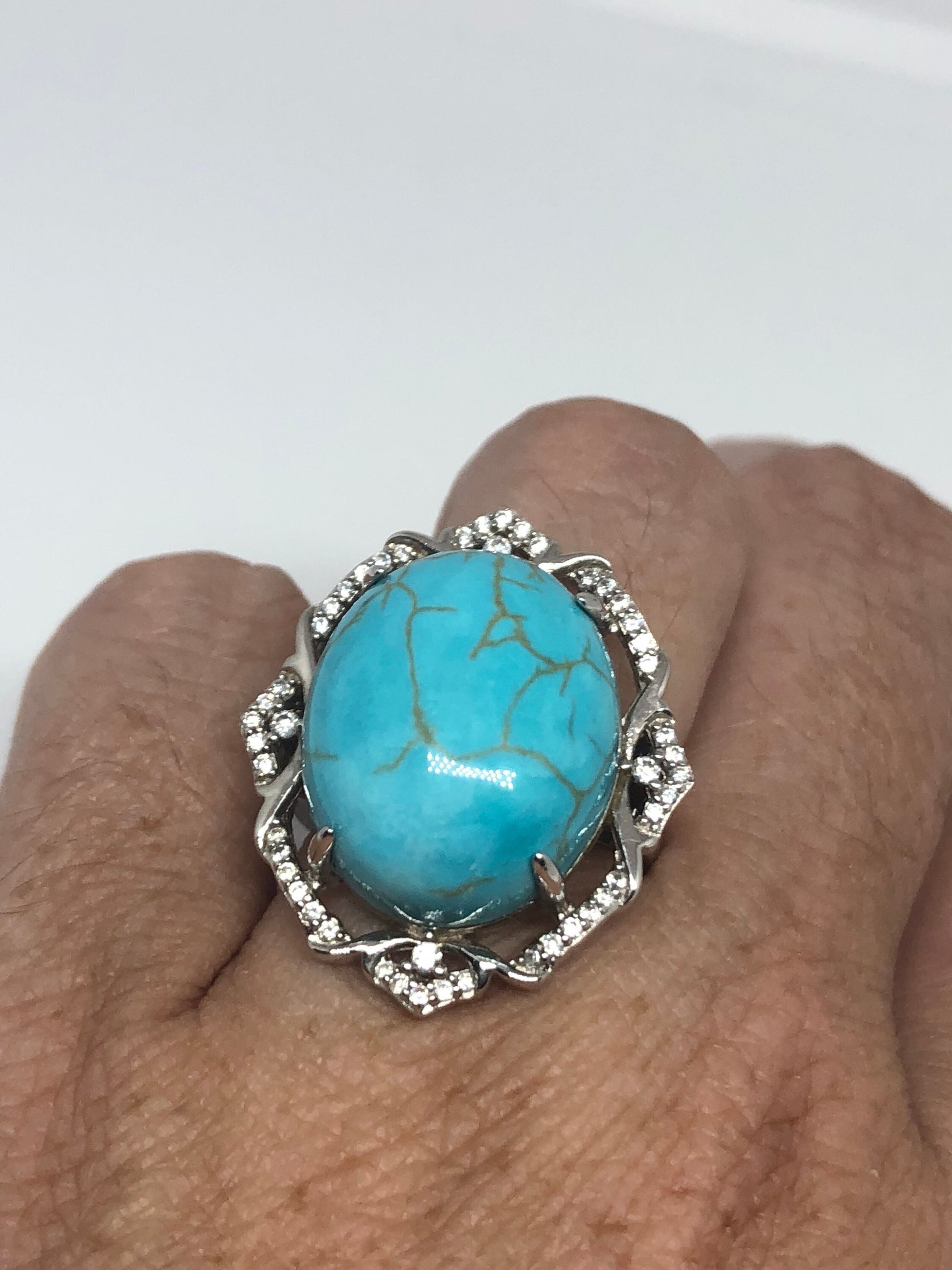 Vintage Persian Turquoise and White Sapphire Gemstone 925 Sterling Silver Ring