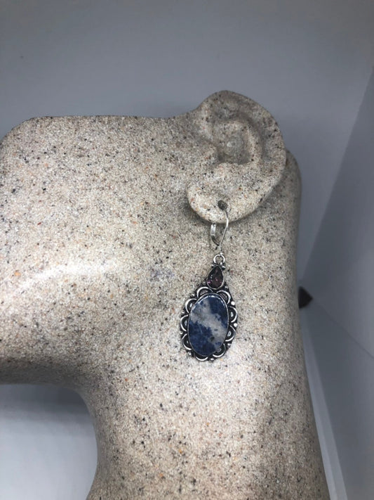 Antique Vintage Blue Sodalite Moon Silver Dangle Earrings