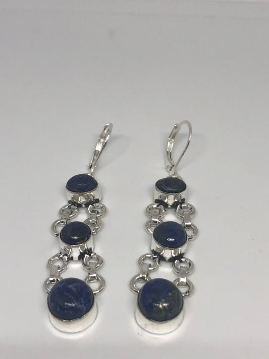 Antique Vintage Blue Lapis Lazuli Silver Dangle Earrings