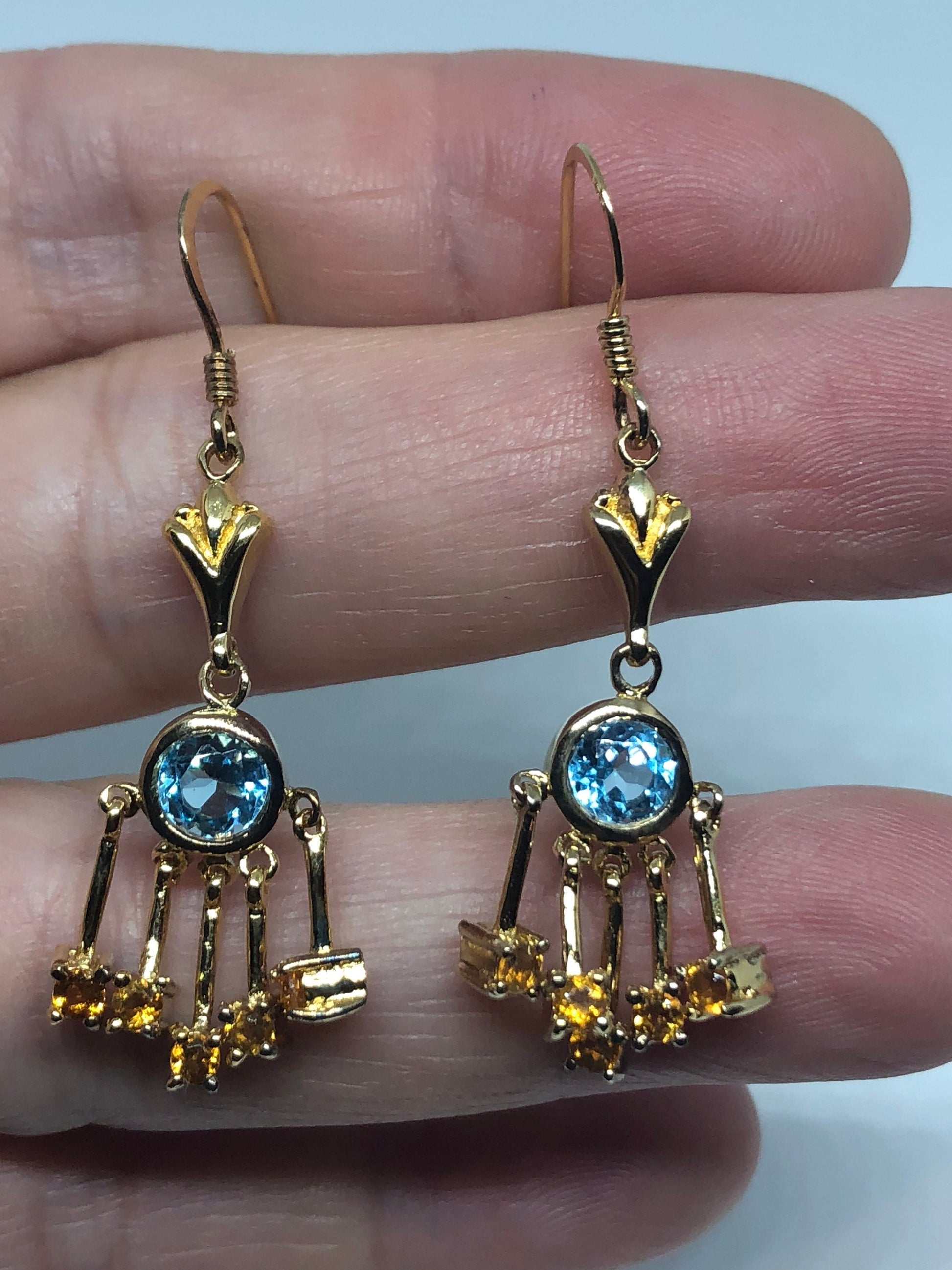 Vintage Genuine Blue Topaz Citrine Blue Topaz Gemstone 925 Sterling Silver Earrings