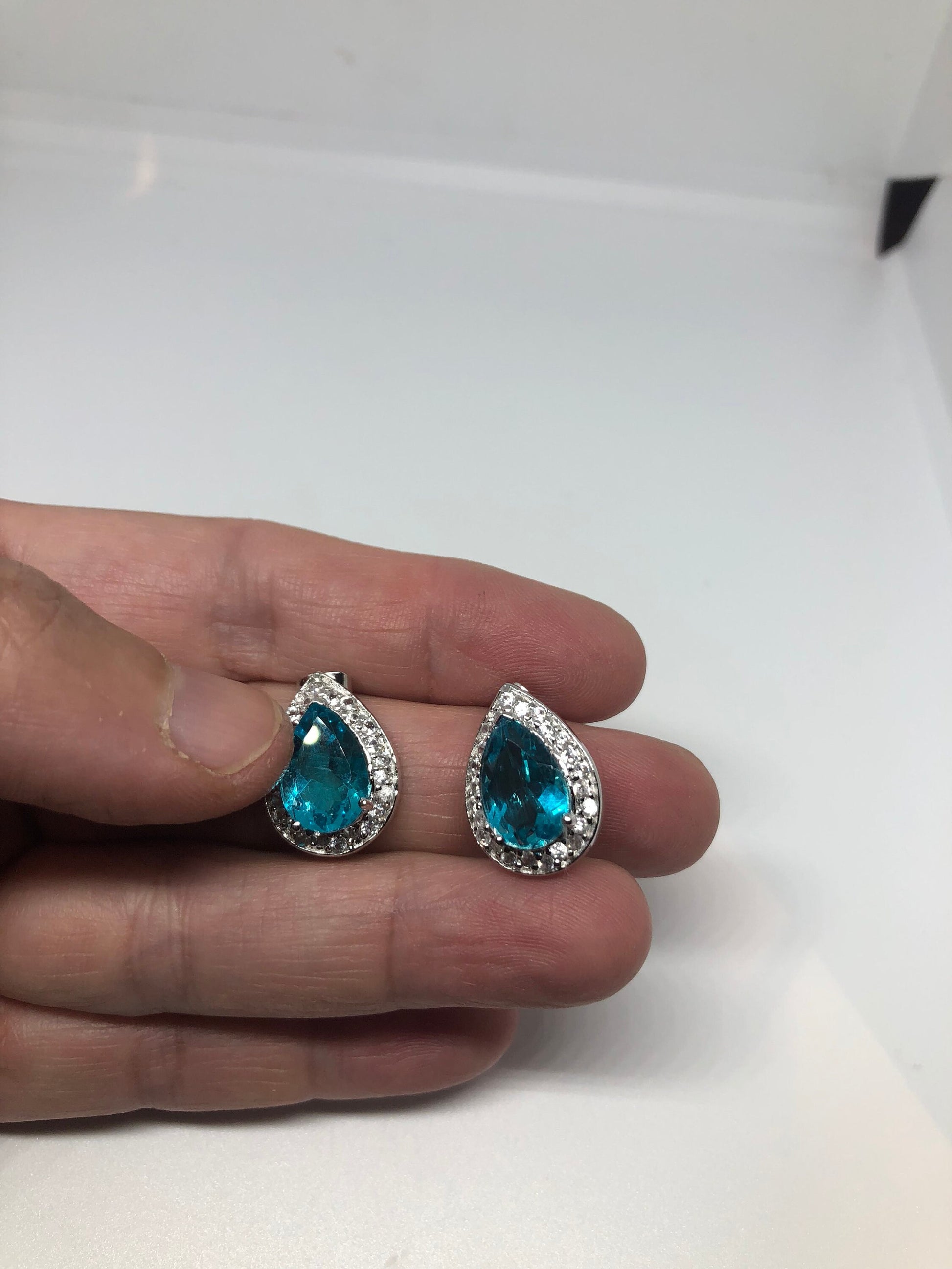 Vintage Mixed Genuine Blue Topaz Gemstone Filigree 925 Sterling Silver Earrings