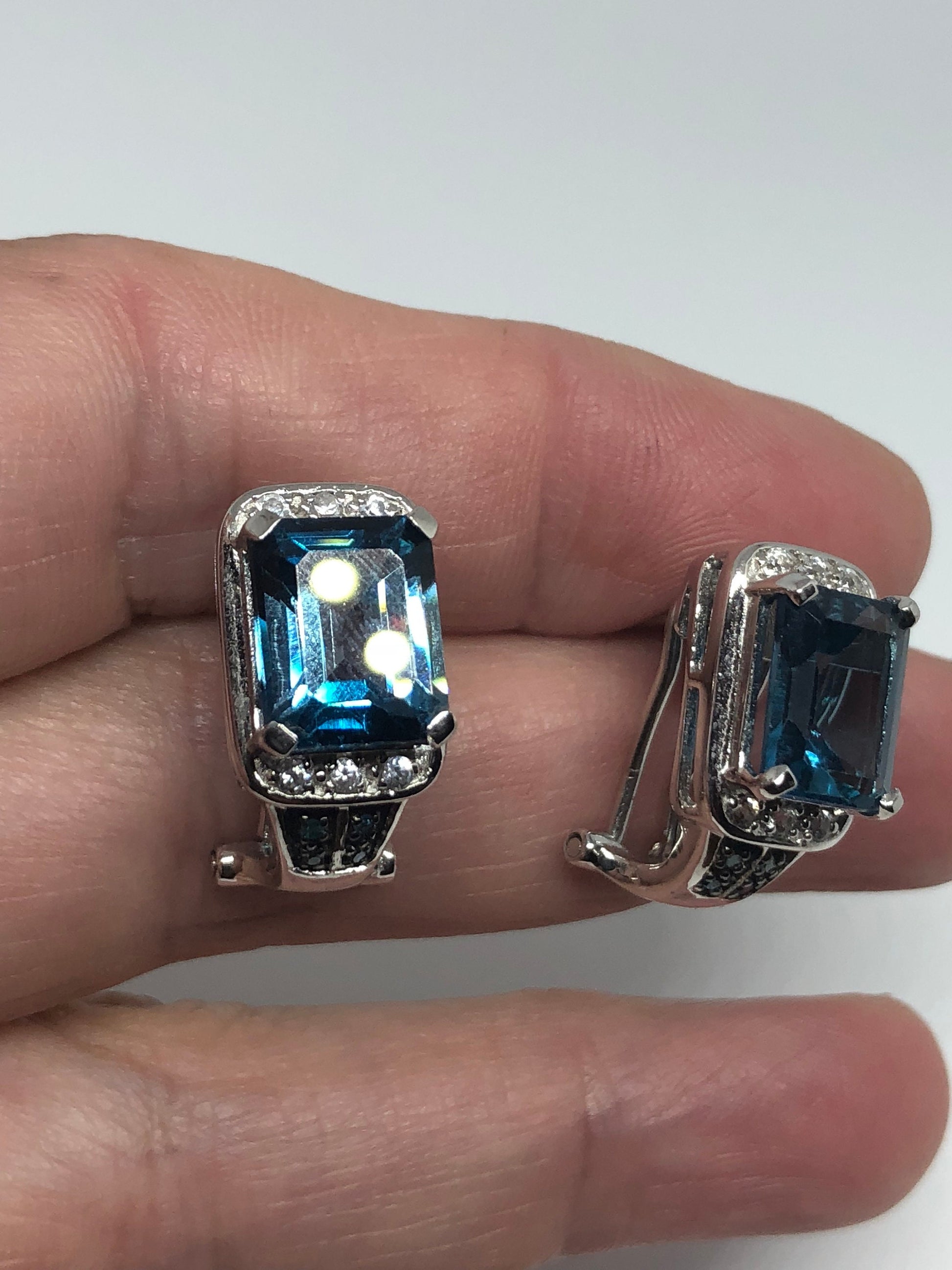 Vintage Mixed Genuine Blue Topaz Gemstone Filigree 925 Sterling Silver Earrings