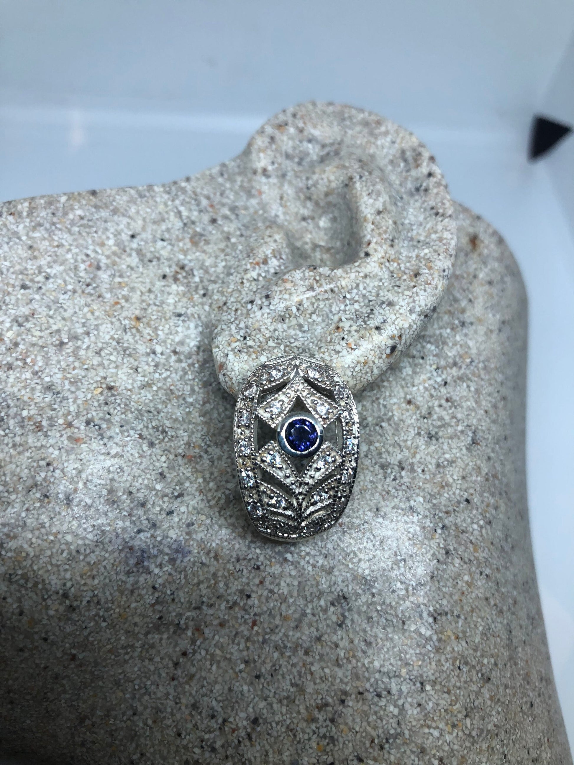 Vintage Handmade Sterling Silver Genuine Deep Blue and White Sapphire Earrings