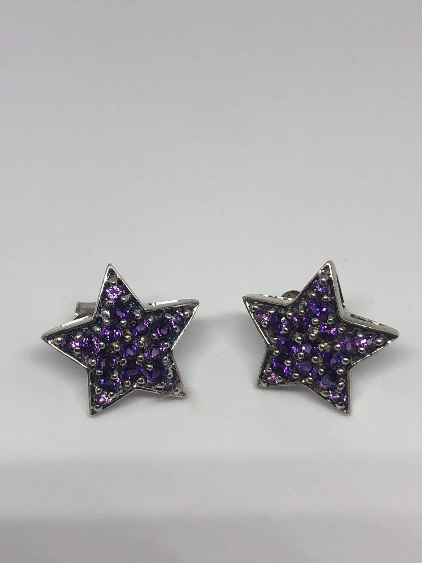 Vintage Amethyst Star Earrings 925 Sterling Silver Purple Stud Button