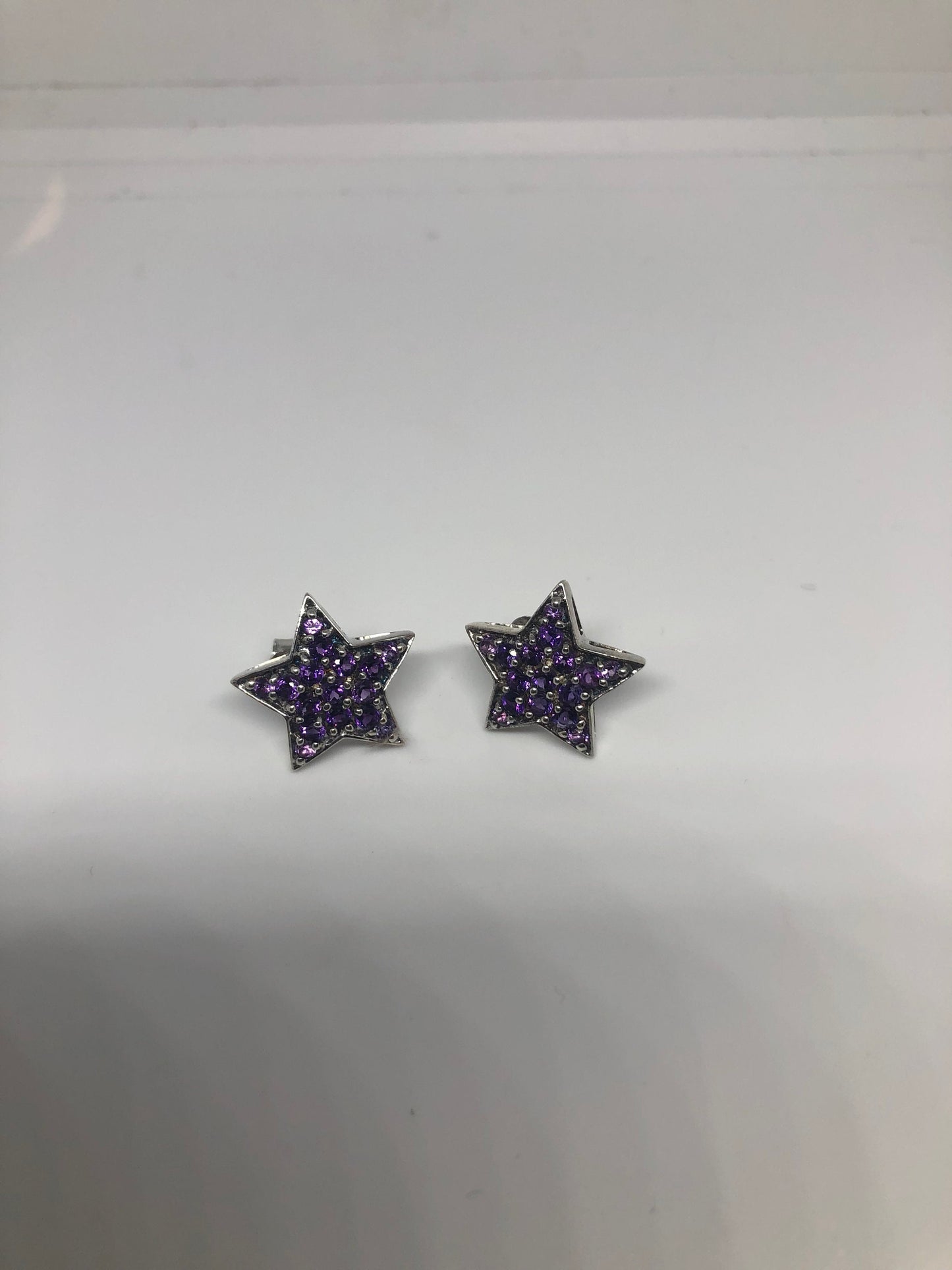 Vintage Amethyst Star Earrings 925 Sterling Silver Purple Stud Button