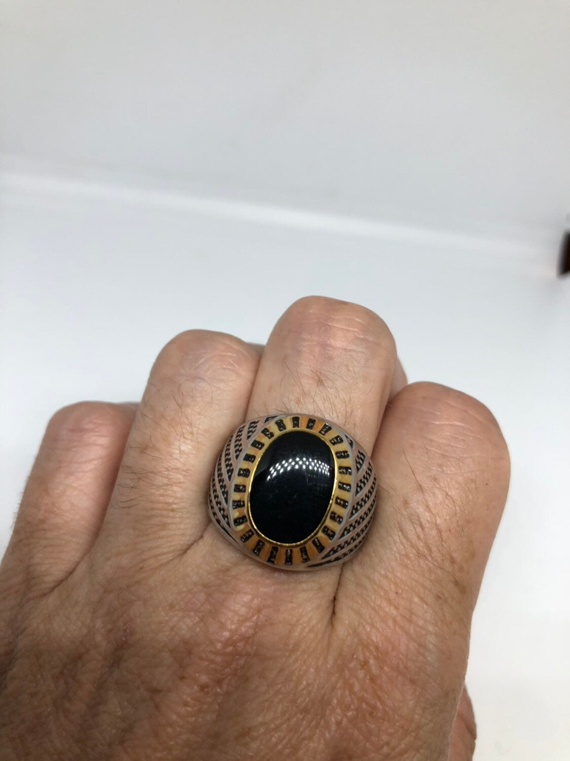 Vintage Gothic Black Genuine Onyx Stainless Steel Mens Ring