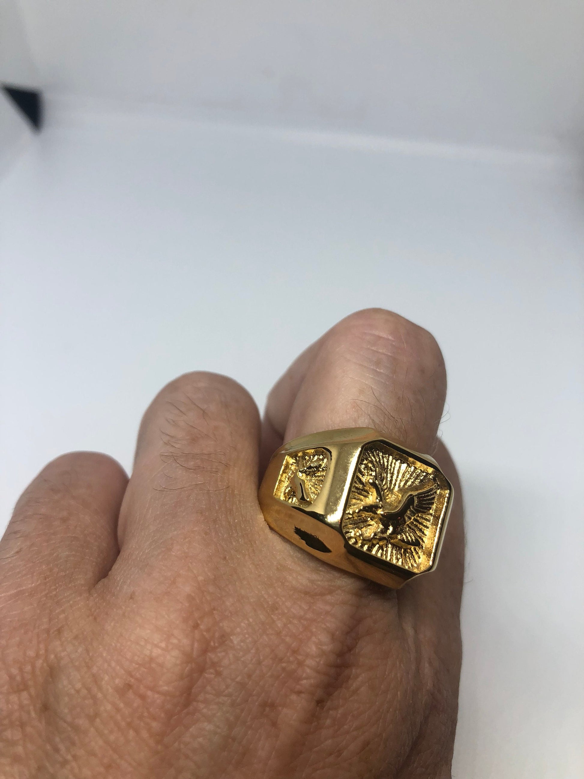 Vintage American Eagle Golden Stainless Steel Mens Ring