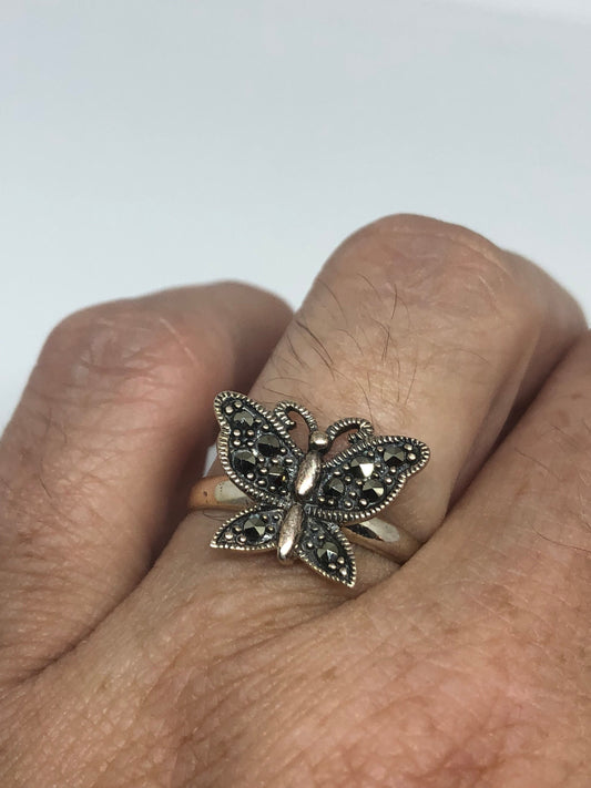 Vintage Marcasite Butterfly 925 Sterling Silver Ring