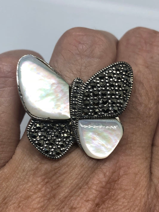 Vintage Marcasite Butterfly 925 Sterling Silver Ring
