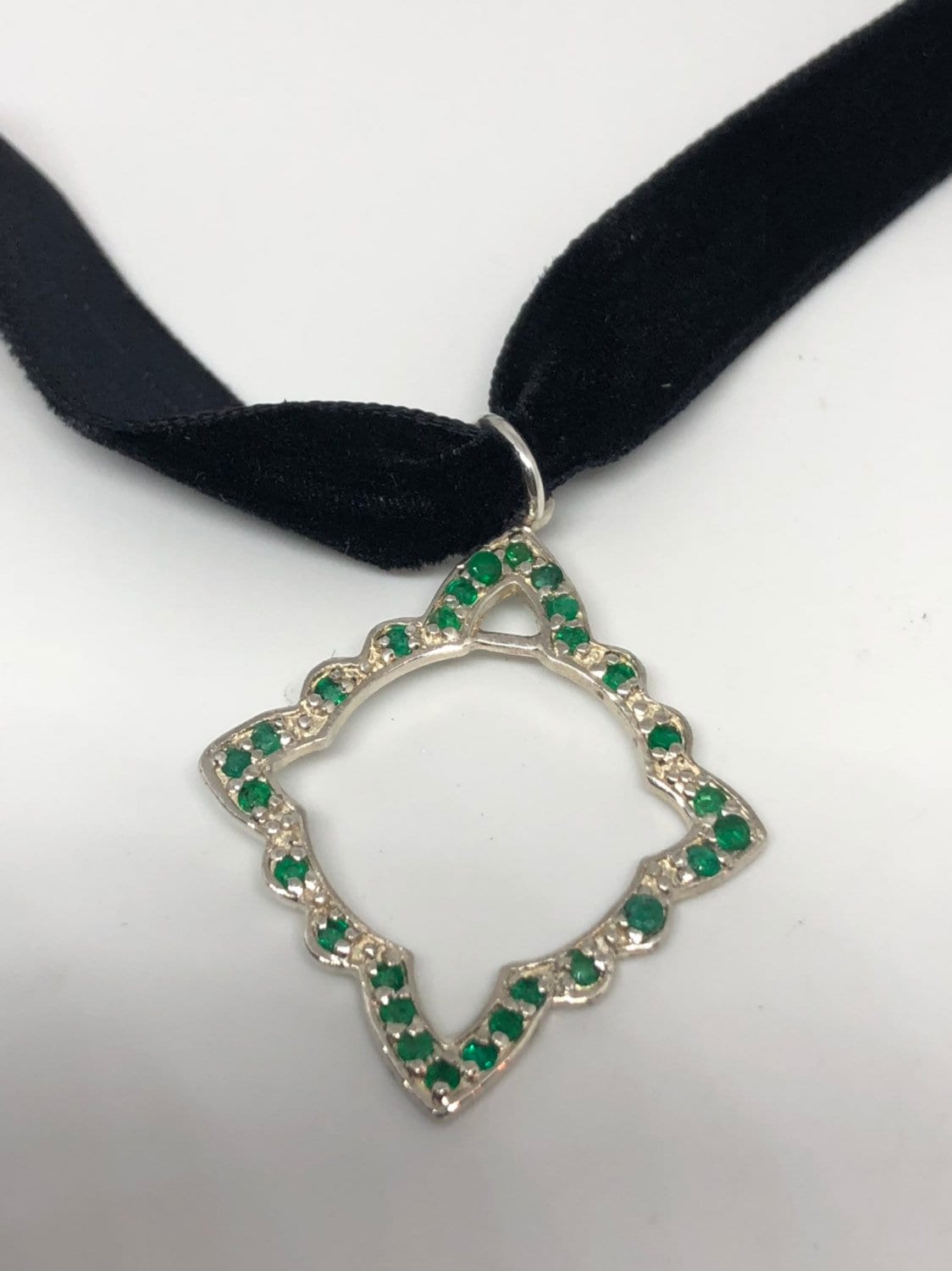 Vintage Green Emerald Heart Choker Necklace 925 Sterling Pendant