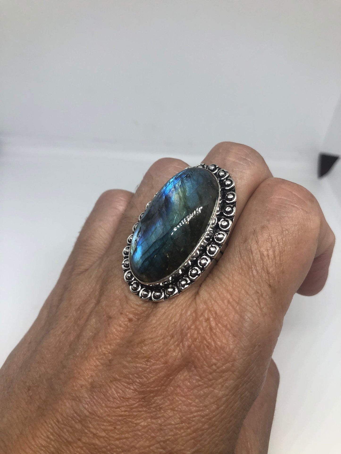 Vintage Large Blue Green Labradorite Stone Silver Ring