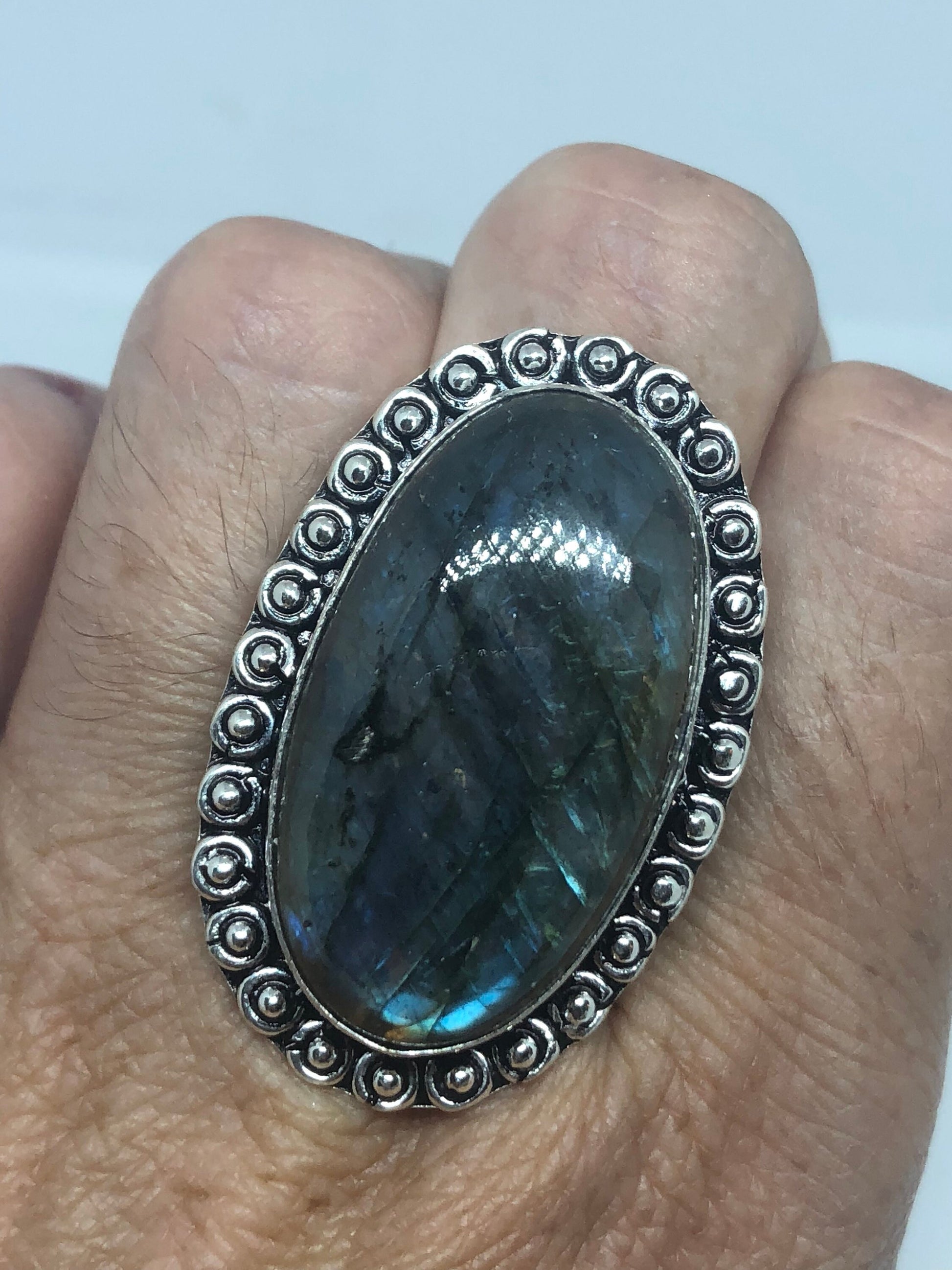 Vintage Large Blue Green Labradorite Stone Silver Ring