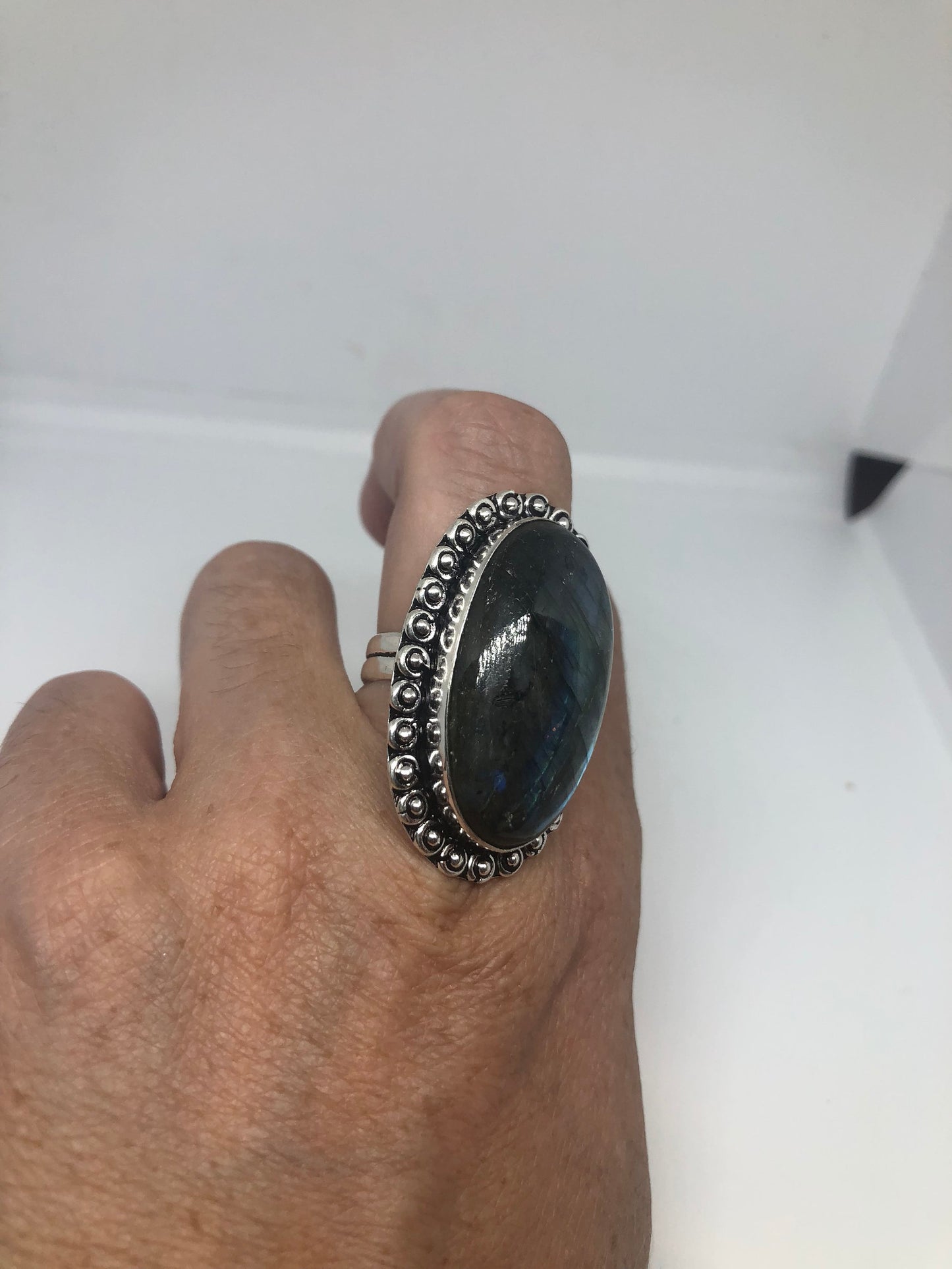 Vintage Large Blue Green Labradorite Stone Silver Ring