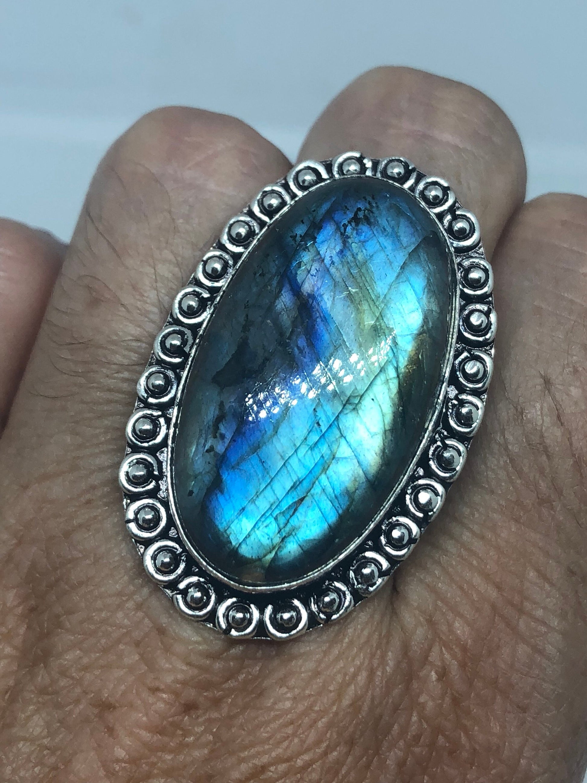 Vintage Large Blue Green Labradorite Stone Silver Ring