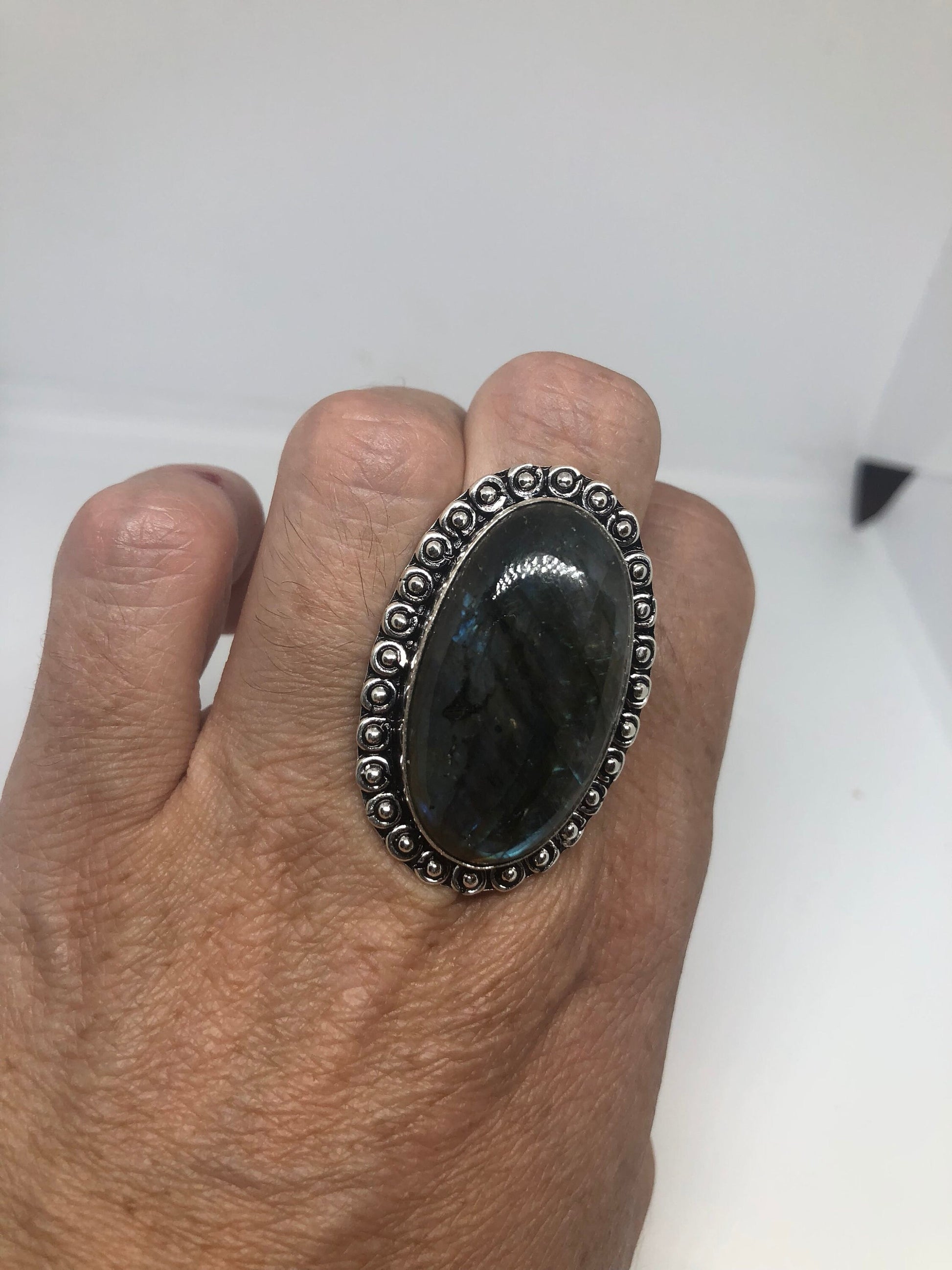 Vintage Large Blue Green Labradorite Stone Silver Ring