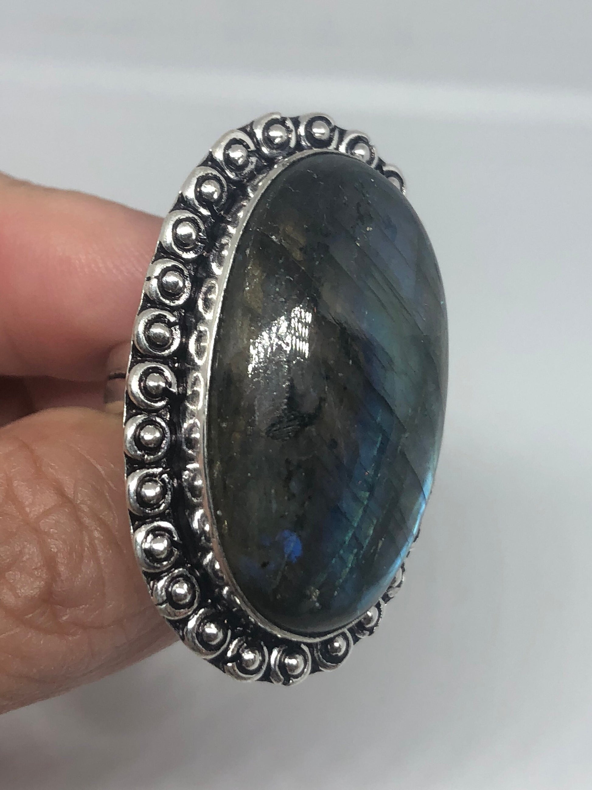 Vintage Large Blue Green Labradorite Stone Silver Ring