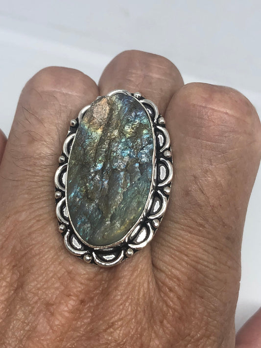 Vintage Large Blue Green Labradorite Stone Silver Ring